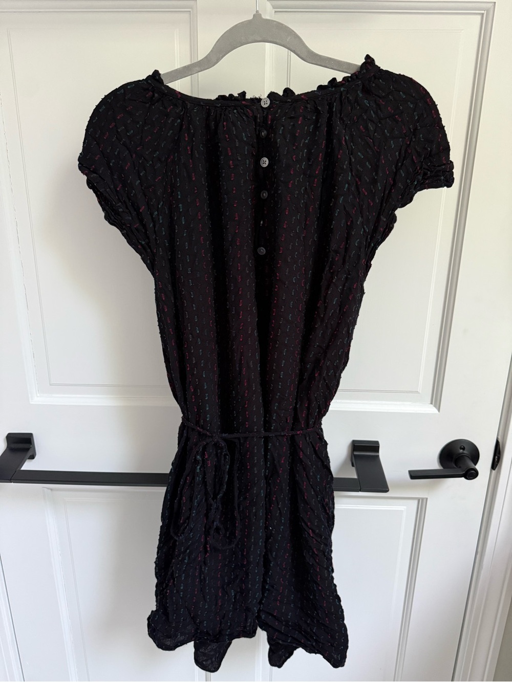 LOFT Black Midi Dress with Subtle Pink and Teal Stitching